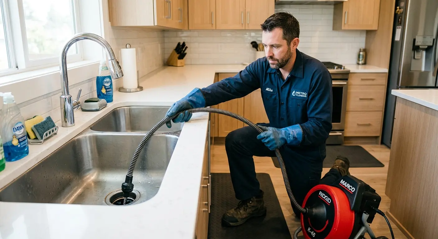 Drain cleaning technician using a motorized snake on a kitchen sink in North Mankato