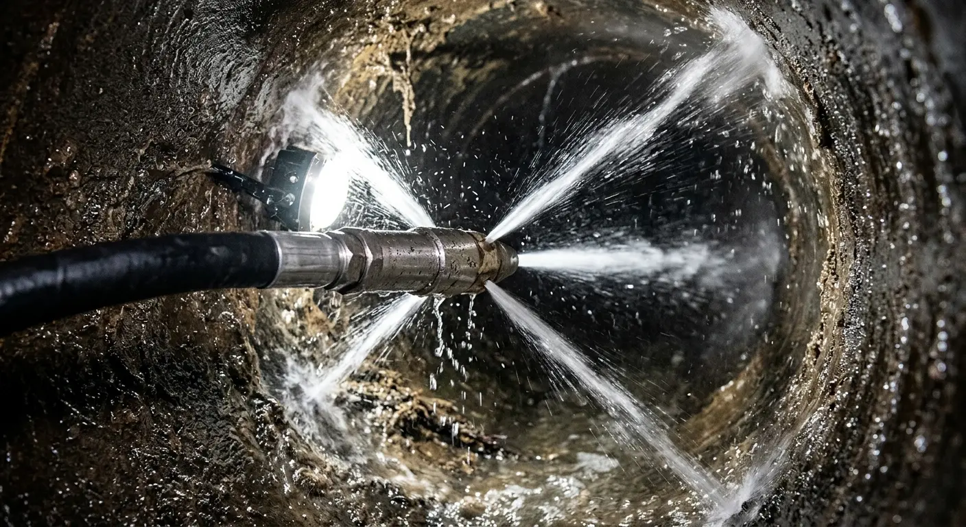 High-pressure hydro jetting nozzle cleaning sewer pipe for Sewer Cleanout in North Mankato