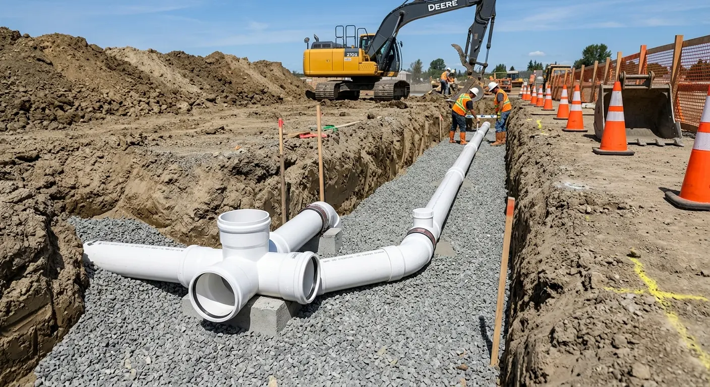 New PVC sewer pipe installation in open trench for Grease Trap Cleaning in North Mankato